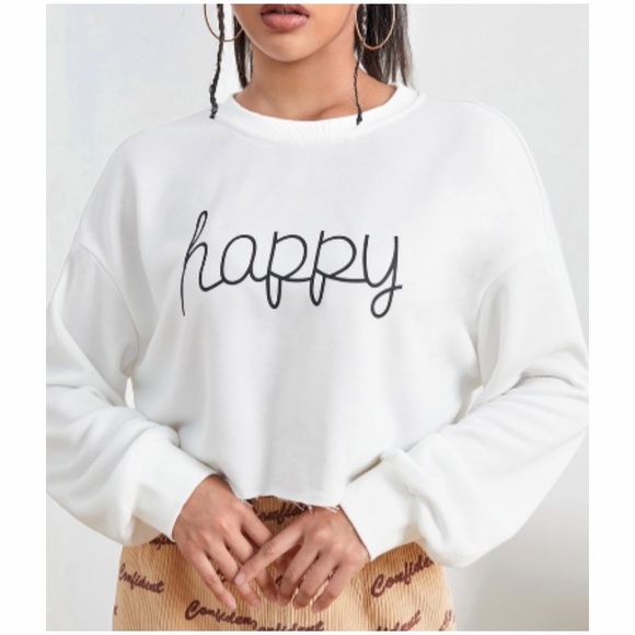 Tops - “HAPPY” GRAPHIC DISTRESSED PULLOVER CROP TOP